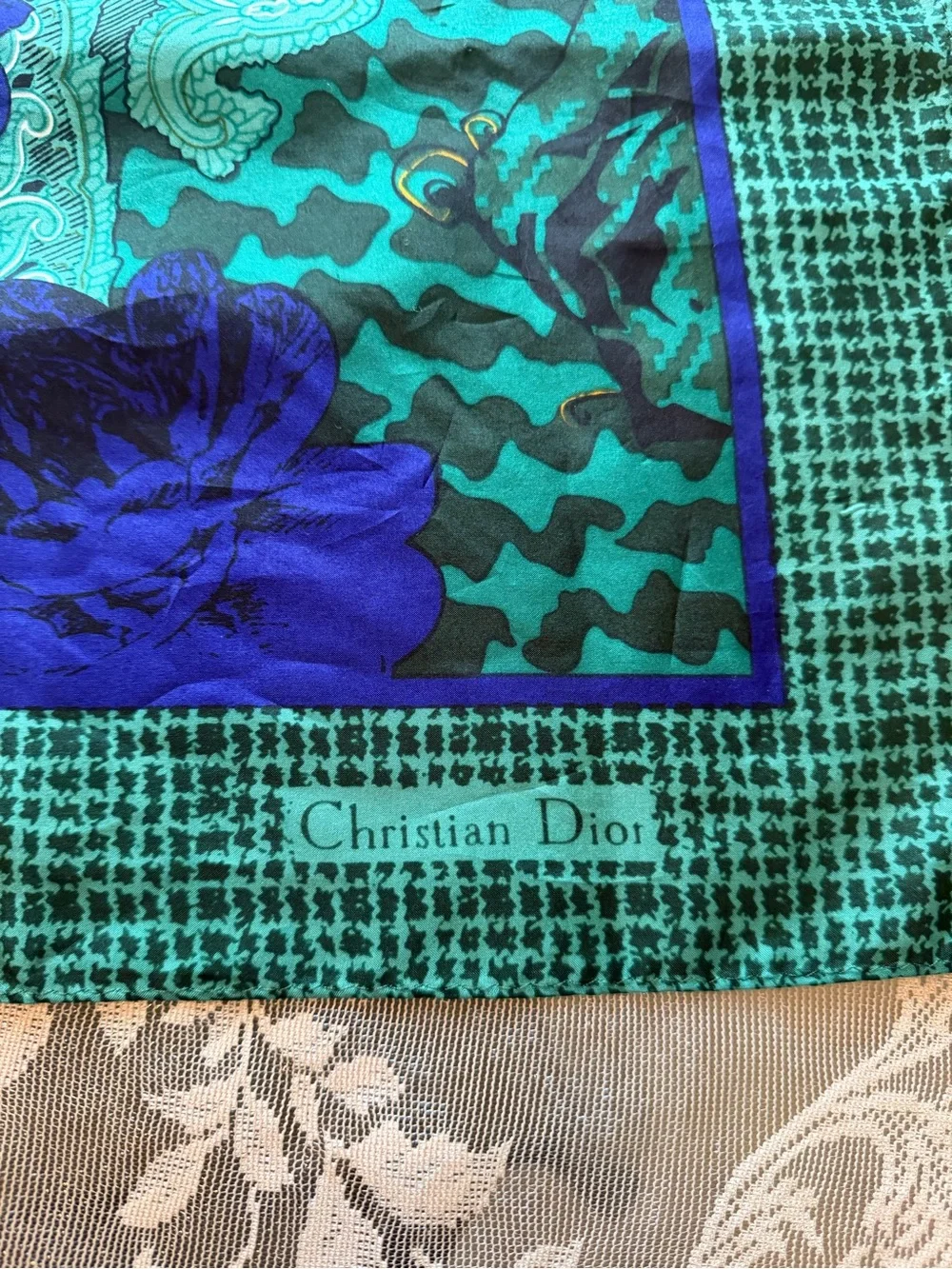 Vintage Dior Green and Blue Floral Paisley Silk Scarf